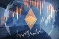 Digital hologram illustration of icon of ethereum cryptocurrency. Financial graph and candlestick financial chart. Decentralized