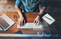 Digital hologram, man typing on keyboard with technology and social network connection for online communication. Data Royalty Free Stock Photo