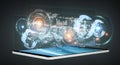 Digital holograms with screens charts over mobile phone 3D rendering