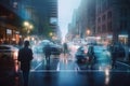 digital holographic background of busy city street, with people and vehicles in motion
