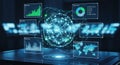 Digital holographic display showing interconnected global data analytics with charts and maps in blue and green Royalty Free Stock Photo