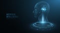 Digital holographic face of a cyborg man with HUD elements on head. Artificial Intelligence concept. Modern technology background