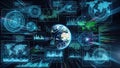 Digital holographic interface displaying Earth globe with global data charts graphs and network connections Royalty Free Stock Photo