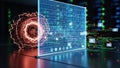 Digital holographic interface with interconnected nodes and security on a futuristic screen Royalty Free Stock Photo