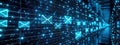 Digital holographic projection of email icons in a futuristic data tunnel.