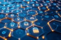 Digital Honeycomb Structure with Glowing Construction Symbols on Blue Gradient Background Royalty Free Stock Photo