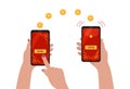 Digital hongbao online mobile transfer. Chinese angpao traditional gift in cellphone. Smartphones in hands of people. Vector flat