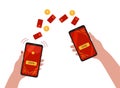 Digital hongbao sending by smartphone. Online transfer of Chinese money. Hongbao, angpao traditional gift in China. Cellphones in