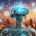 Digital horizon with merging humanity in VR headset ai ai generated