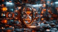 A digital hourglass floats amid a futuristic cybernetic interface, symbolizing the fusion of time and technology