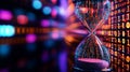 digital hourglass made of glass, filled with sand, symbolizes time and data. colorful background features binary code,