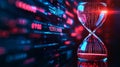digital hourglass made of glass, symbolizing time and data, with vibrant background of binary code and glowing elements