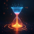 Digital hourglass shows blue particles transforming into orange data stream. Data flows like sand in futuristic tech clock. Royalty Free Stock Photo