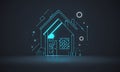 digital house with blue outline, featuring window, chimney, and various geometric shapes and lines.
