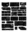 Digital hud interfaces black ink vector set. Dashboards ui geometrical frames futuristic sci fi elements, virtual tech