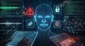 Digital human face with cybersecurity and data analysis interfaces Royalty Free Stock Photo