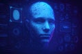 Digital human face with glowing blue lines and biometric data interfaces digital face human head Royalty Free Stock Photo