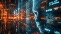 Digital Human Face Forming in Abstract Code Neon Orange Blue Technology Background data lines light future Royalty Free Stock Photo