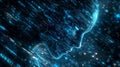 A digital human figure composed of glowing blue patterns and lines is depicted against a dark background, emphasizing a