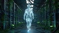 Digital human figure in futuristic server room with neon lights and greenery Royalty Free Stock Photo