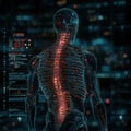 A digital human figure with a glowing, enhanced spine interface, symbolizing advanced technology, human augmentation, and