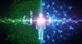 Digital human figure stands between binary code and a neural network illustration Royalty Free Stock Photo