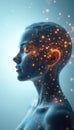 Digital human head dissolves into glowing data particles. Abstract AI concept shows mind connection with virtual network. Royalty Free Stock Photo