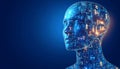 Digital Human Head, Glowing Circuit Board Details and Numeric Data, Deep Blue Background, Vector Art