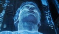 Digital Human Head with Glowing Circuit Board Details and Numeric Data on Deep Blue. Vector Art