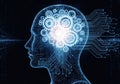 Digital human head with glowing gears and circuit board representing artificial intelligence Royalty Free Stock Photo