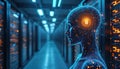 Digital human head with lock symbol in brain section stands in server room. Futuristic artificial intelligence protects data. Royalty Free Stock Photo