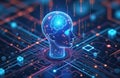 Digital human head profile glows, brain circuitry visible within. Connects to network data streams, processing complex Royalty Free Stock Photo