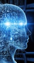 Digital human head silhouette illuminated by glowing blue data streams and circuits Royalty Free Stock Photo
