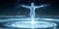Digital human standing in glowing concentric circles, representing artificial intelligence, data flow, and futuristic technology Royalty Free Stock Photo