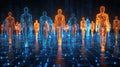Digital humans walking futuristic grid, data stream background, network visualization
