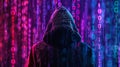 A digital icon of a hacker wearing a hoodie with binary code in the background displayed on a computer screen symbolizing Royalty Free Stock Photo