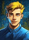 Digital Identity. Portrait of a young programmer on a digital background