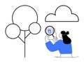 Digital Identity Verification Concept with Person Analyzing User Profile and Minimalist Tree and Cloud Elements Royalty Free Stock Photo