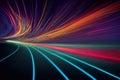 Digital illustration of an abstract futuristic bright colourful neon light trails energy style swoosh background. Royalty Free Stock Photo