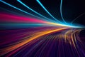 Digital illustration of an abstract futuristic bright colourful neon light trails energy style swoosh background. Royalty Free Stock Photo