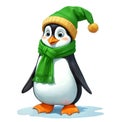 Adorable illustration of a cartoon penguin dressed for winter