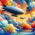 A digital illustration of an adventurous airship journey.