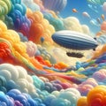 A digital illustration of an adventurous airship journey.