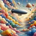 A digital illustration of an adventurous airship journey.