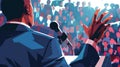 Digital illustration of African American Presidential candidate delivering speech to voters. Orator on stage with