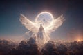 Digital illustration of angels above the clouds in a heavenly place, concept of religion