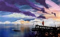 Digital illustration art painting a man standing on the abandoned pier in sunset, oil color painting style. Royalty Free Stock Photo