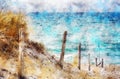 Digital illustration of baltic sea coast landscape. path leading to beach. Darss peninsula in Germany. Watercolor paint