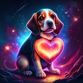 Beagle hugging heart Digital illustration of a Beagle dog with a red heart in its paws. generative AI animal ai