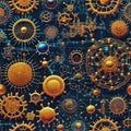 A gold and blue background with many circular quantum objects. Royalty Free Stock Photo